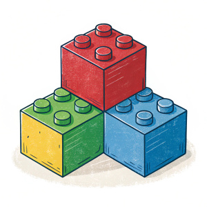 A handcrafted, vibrant logo with blocks that mimic the Lego style. Features bold, simple design in vivid colors like red, green, and blue.