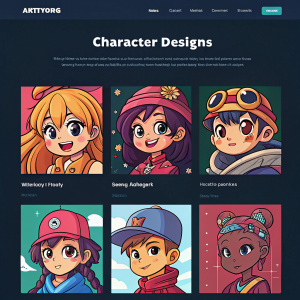 Website showcasing unique character designs by Makiyang Artbook. Grid layout, colorful characters on a dark background.