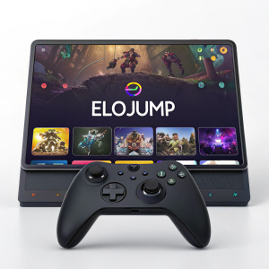EloJump platform for League of Legends players. Sleek design, bright color palette, minimalist layout, gaming icons, easy navigation, dynamic visuals.