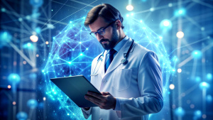  Medical technology, innovation health and medical research, healthcare and medicine concept. Doctor or technician working with AI data analysis, lab experiment, data science