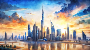 graphic illustration style, minimalist, professional drawing, Dubai city with the power of future, the prosperity of the city, simple skyline, a lonely 
 skyscraper Burj Khalifa