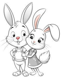 black and white, clean line art, couple rabbit in love cute, cartoon style, black and white only, vector style, for coloring book page for kids, no colors, 