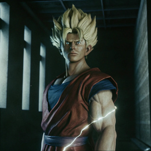 A detailed 3D render of Gohan from Dragon Ball Z, depicted in Super Saiyan 2 form. Dark, minimalist background