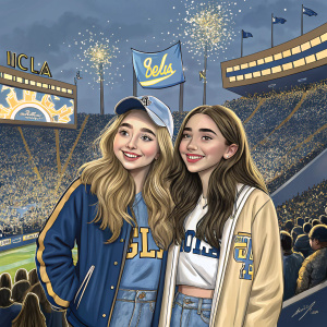 Sabrina Carpenter and Rowan Blanchard at the opening ceremony of a UCLA sports event. They are dressed casually and smiling. Stadium background