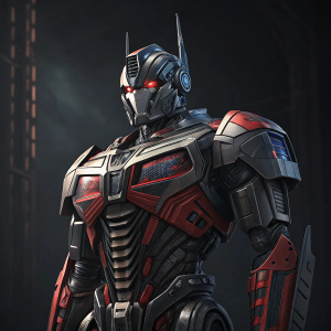 Concept art of Optimus Prime. Futuristic, metallic design. Dark, sleek background. Black and gray tones with red accents