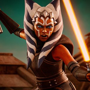 A vibrant digital art of Ahsoka Tano. She is in a fierce fighting stance, with a fierce expression. Set against a soft, mint green backdrop, the illustration highlights her detailed and unique outfit. Focus is on her powerful pose, ready for battle.