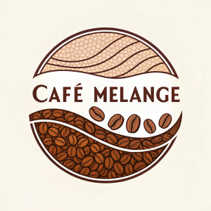 Logo design for Cafe Melange. Features intricate coffee bean illustration, wavy shape symbolizing waves of flavor. Warm color scheme with earth tones. Text in stylish, bold font.