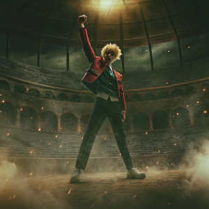 Katsuki Bakugo, dynamic pose in battle arena. Wearing his signature red and black school uniform with green details. The arena is illuminated with dramatic lighting, creating a fierce atmosphere.