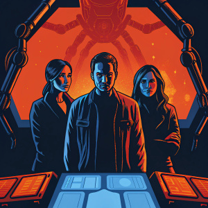 Intense scene from Scorpion. Katharine McPhee, Scott Porter, and Elyes Gabel standing in a high-tech lab. Sci-fi elements and futuristic gadgets in background.