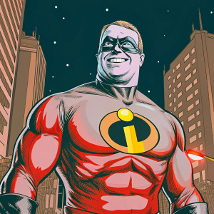 Mr. Incredible, a muscular superhero with a wide smile. Wearing iconic red suit and yellow symbol. Set against a cityscape at night. Digital art with bold comic book style.