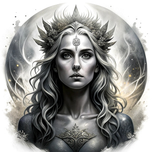 Saga, The Seer - Nordic Goddess of Sagas & Myths perfect realistic art, high-definition grey and black, white background tattoo design