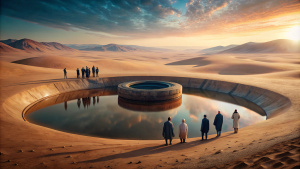 Reflexión sobre el agua: Un grupo de personas observa un pozo seco en medio de un desierto. Sus rostros están llenos de asombro e incertidumbre, mientras contemplan el misterio del agua que desaparece sin explicación, de la pelicula de Dune 1.