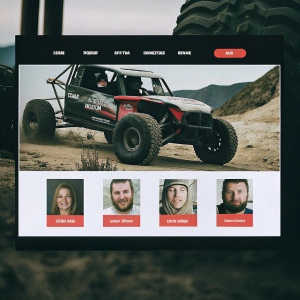 Website home page of Cornell Baja Racing Team. Dynamic design featuring racing vehicle photo, team member portraits, sponsor logos. Dominant black, red, and white color palette.