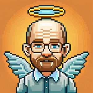 Heisenberg in an angelic costume and with a halo over his head, 2d, pixel art, Walter White