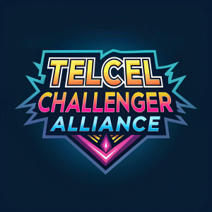 Stylized e-sports logo with vibrant colors. Telcel Challenger Alliance text in bold, futuristic font. Dark neon blue background.