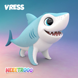3D rendering of Vress, a cartoon shark puppy with playful features. White fur, pointed snout, set against a gradient background of pastel hues. Text credits for creator, Neeetrooo, modern cartoon style.