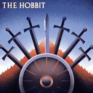 Official promotional poster for The Hobbit. Dark background, intricate weapons design, bold font