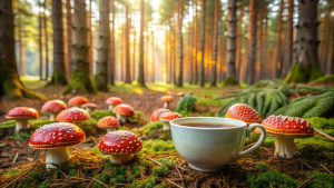 cup of tea, fly agaric tea, alley of fly agaric mushrooms, forest, clearing, magic mushroom