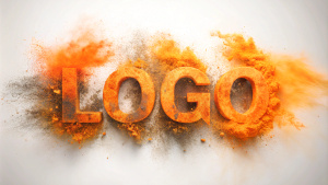  write a text "logo" with orange and black color powder splash, on white backgrond