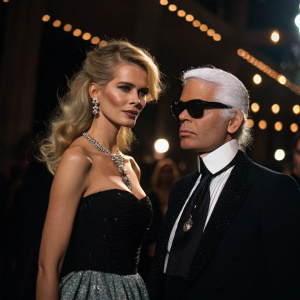 Karl Lagerfeld and Claudia Schiffer at a glamorous fashion gala. Karl in a classic black suit and sunglasses, Claudia in a stunning evening gown. Dimly lit, with soft, warm lighting and a blurred background.