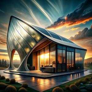 "The Solar-Cell Fabric Home" - Design a concept for a smart home covered in a revolutionary solar-cell fabric that generates electricity from sunlight, including on cloudy days. The home should feature energy-efficient appliances, smart windows that adjust tint to control temperature and maximize natural light, and a home battery system to store excess energy. vibrant color, high contrast UHD, cinematic, ultra realistic, style raw, DSLR camera with a lens of 50mm -- aspect ratio 1:21 -- v 5.0