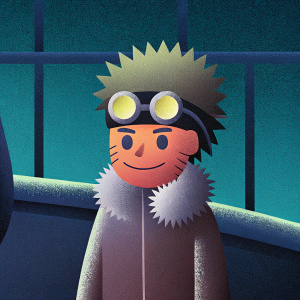 Sketch of a Naruto character, black and white, spiky hair, goggles, casual pose, friendly smile, neutral-toned fur-like outfit, simple hand-drawn style, minimalist background