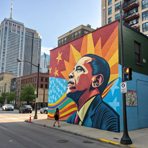 A vibrant mural depicting Barack Obama. Street art in Chicago, bright colors, urban setting.