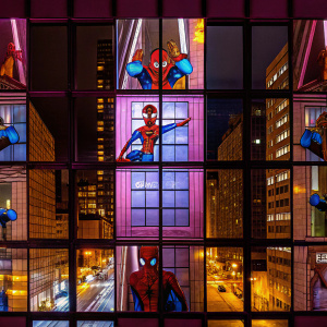 Comic scene featuring Peter Parker as Spider-Man. Dynamic poses, colorful artwork, and urban backdrop. Multiple panels show action sequences and character interactions, arranged in a grid pattern.