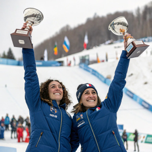 Federica Brignone and Marta Bassino celebrating victory at a snowy sports arena. Both wearing team jackets and holding trophies.
