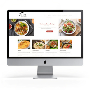 Digital mockup of Zia Vitalia Restaurant's homepage. Sleek, modern layout. White background. Grid of high-quality food images. Intuitive navigation. Responsive design. Culinary experience focus.