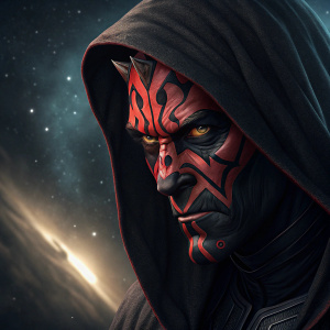 Close-up of Darth Maul's intense face. Dark and menacing, red glowing veins. Vast space background