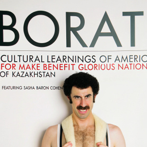 DVD cover design for 'Borat: Cultural Learnings of America for Make Benefit Glorious Nation of Kazakhstan'. Featuring Sasha Baron Cohen in a comical pose.