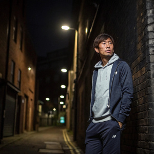 Takashi Inui, athlete, serious expression, in casual streetwear. Dark urban alleyway background