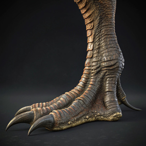 3D render of a Tarbosaurus foot. Dark background, detailed claws and texture.