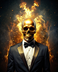 effect, photoshop action, realistic golden skull with human body in tuxedo gold on head, flames of fire, sparks, dust, explosion, effect, quality xd, micro detail sharpening,