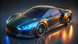 Photorealistic concept art,R8 sleek and futuristic car design, innovative features, dynamic curves,detailed textures, ambient lighting reflecting off the car’s surface, colors black, gold, and azure