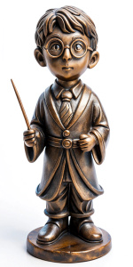 A bronze statue of a cute slender young guy in glasses wearing Gryffindor uniform, holding a magic wand in his right hand