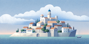 White illustration, Rene magritte style, isolated surrealistic collage of a lot of old italian houses and trees on island, huge ocean and big sky, light pastel colors, asymmetrical composition, zoom out view, grainy texturing paper