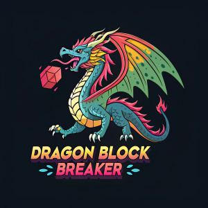 The 'Dragon Block Breaker' logo. A vibrant dragon in mid-flight. The text 'Dragon Block Breaker' in bold neon font. Black background with colorful highlights