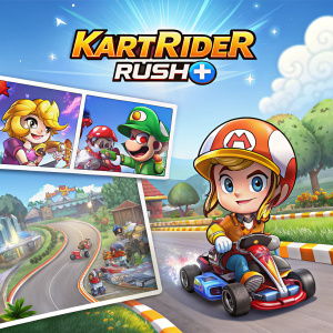 Main menu and gameplay screenshots of KartRider Rush+, featuring vibrant, cartoon-style graphics and race rankings.