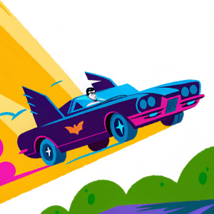High-tech concept art of the Batmobile from the classic 1960s Batman series. Futuristic sleek design with dynamic motion lines and cool color gradients.