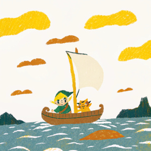 A vibrant screenshot from The Legend of Zelda: The Wind Waker, featuring the game's iconic art style and characters.
