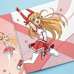 Illustrated spread of a vibrant anime heroine, in multiple dynamic poses. Predominantly red and white, long blonde hair, energetic design.