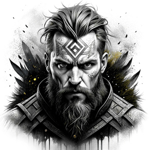 walhalla, viking warrior,  runics face, black work, white backrounds