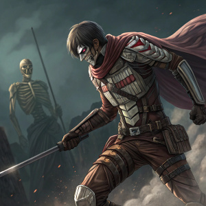 Digital art of main character from Attack on Titan. Dynamic pose. Detailed armor and weapon design. Dark background. Skeleton-like figure illustrated. Rich and varied color palette.