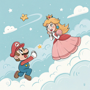 Hand-drawn digital illustration. Mario and Princess Peach floating above the clouds in a fantasy sky. Pastel colors, light blue background