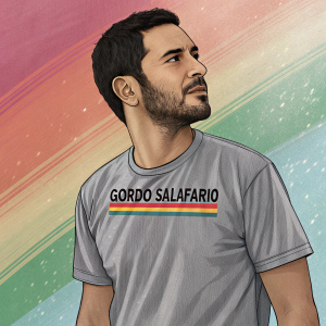 Digital illustration of a Hispanic man with a neatly trimmed beard, serious expression, and gray t-shirt with 'GORDO SALAFFARIO' in bold font. Vibrant, gradient background.