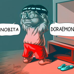 Cartoon panel featuring Nobita from Doraemon, frustrated expression, black and white artwork, simple dialogue bubbles
