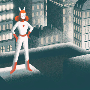 Rena Rouge from Miraculous Ladybug series, standing confidently in her iconic orange and white outfit with red hair. The background is a bustling cityscape, digital illustration with vibrant colors and detailed urban environment.