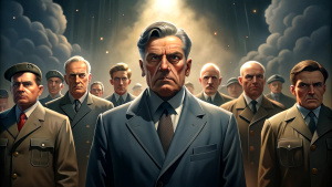 Generate a hyper-realistic animated representation of authoritative figures emerging from the shadows, symbolizing the rise of leaders of the interwar period.